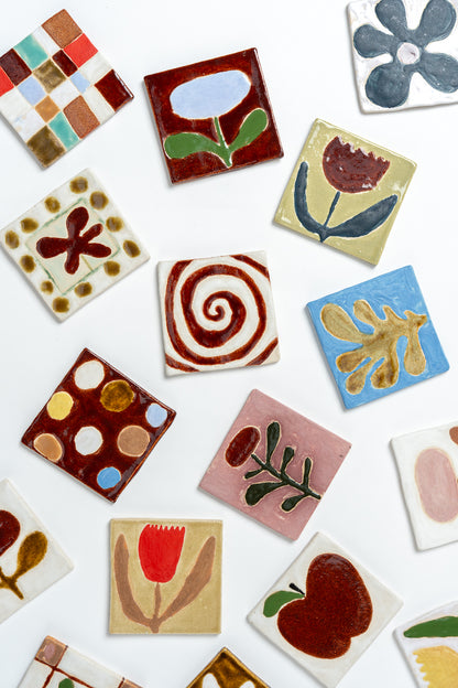 Hand Painted 'Spiral' Ceramic Tile Brown & White
