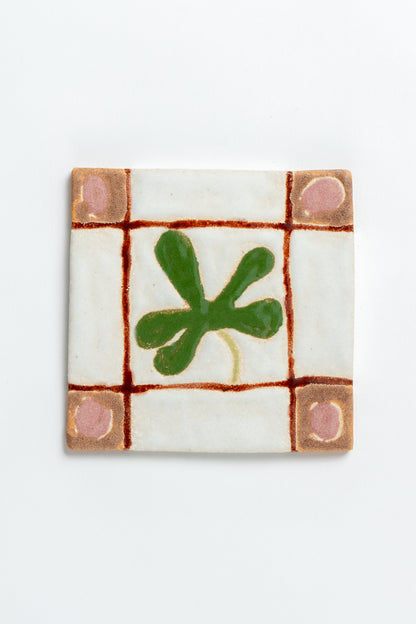 Hand Painted 'Framed Flower' Ceramic Tile Green