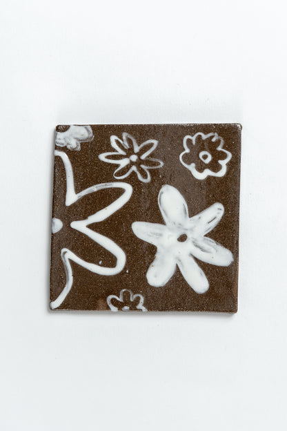 Hand Painted 'Flower Series 2/2' Ceramic Tile Brown & White
