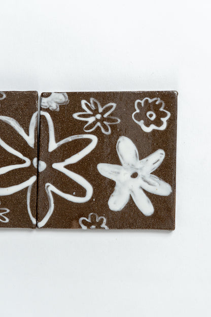 Hand Painted 'Flower Series 2/2' Ceramic Tile Brown & White