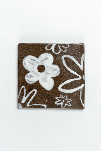 Hand Painted 'Flower Series 1/2' Ceramic Tile Brown & White