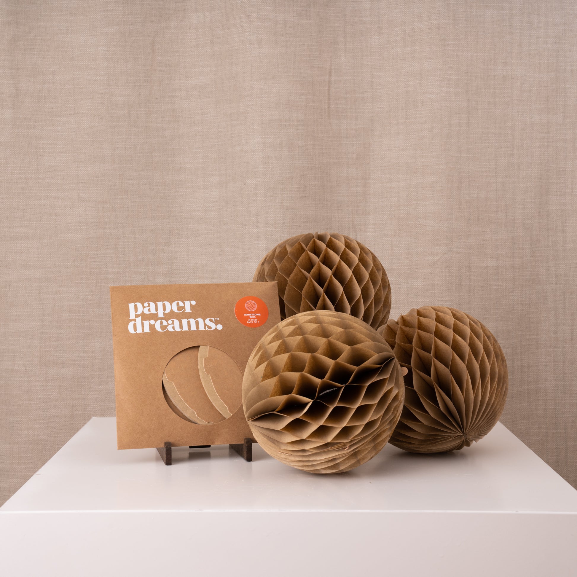 Paper Dreams Honeycomb Ball set of 3 Plastic Free Decorations Kraft Brown