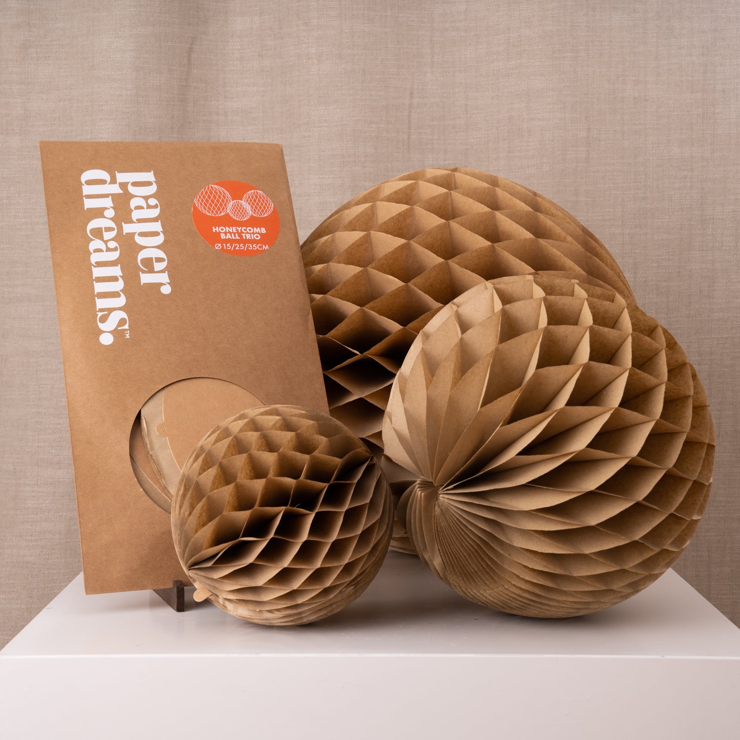 Paper Dreams Honeycomb Ball set of 3 Plastic Free Decorations Kraft Brown