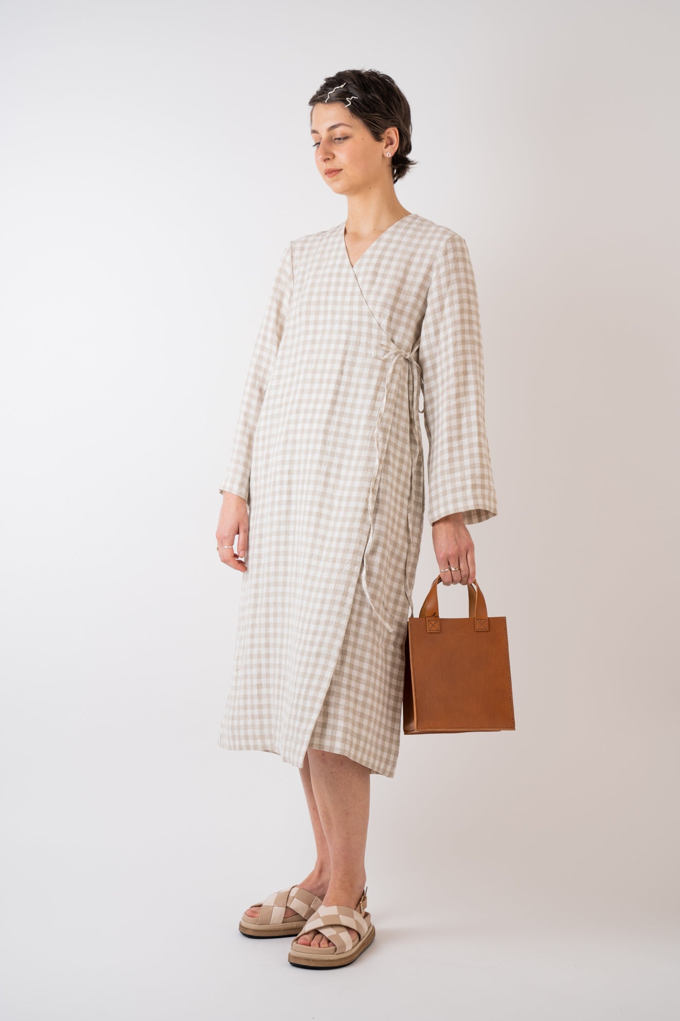 Cawley Studio 100% Irish Stripe Linen Marina Dress in Gingham handmade in London MIMMO Exclusive styled with Couper et Coudre Leather Jour Bag in Cognac handmade in Somerset
