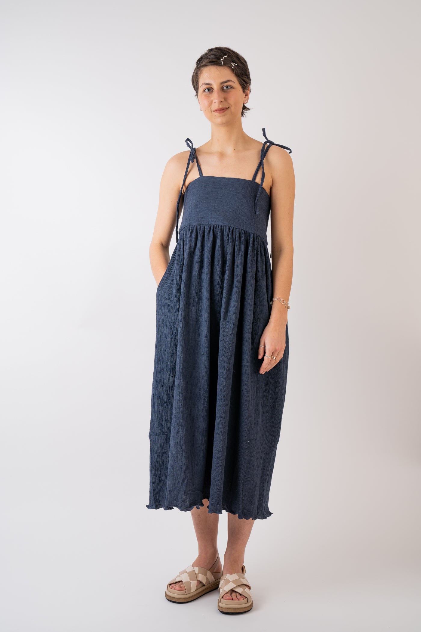 Cawley Studio 100% crinkle Cotton Viola Dress in Navy handmade in London