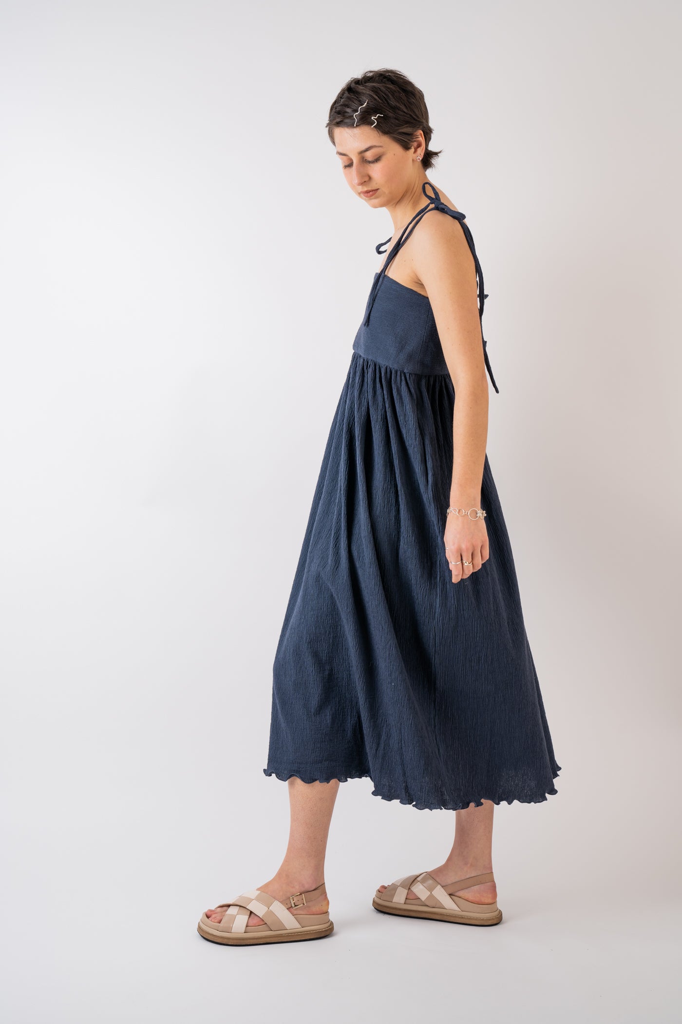 Cawley Studio 100% crinkle Cotton Viola Dress in Navy handmade in London