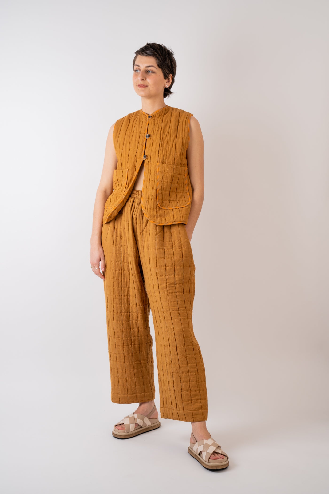 Cawley Studio Indian Jacquard Cotton and Irish Stripe Linen Ella Vest handmade in London styled with Cawley Studio Unisex Trouser in Burnt Orange