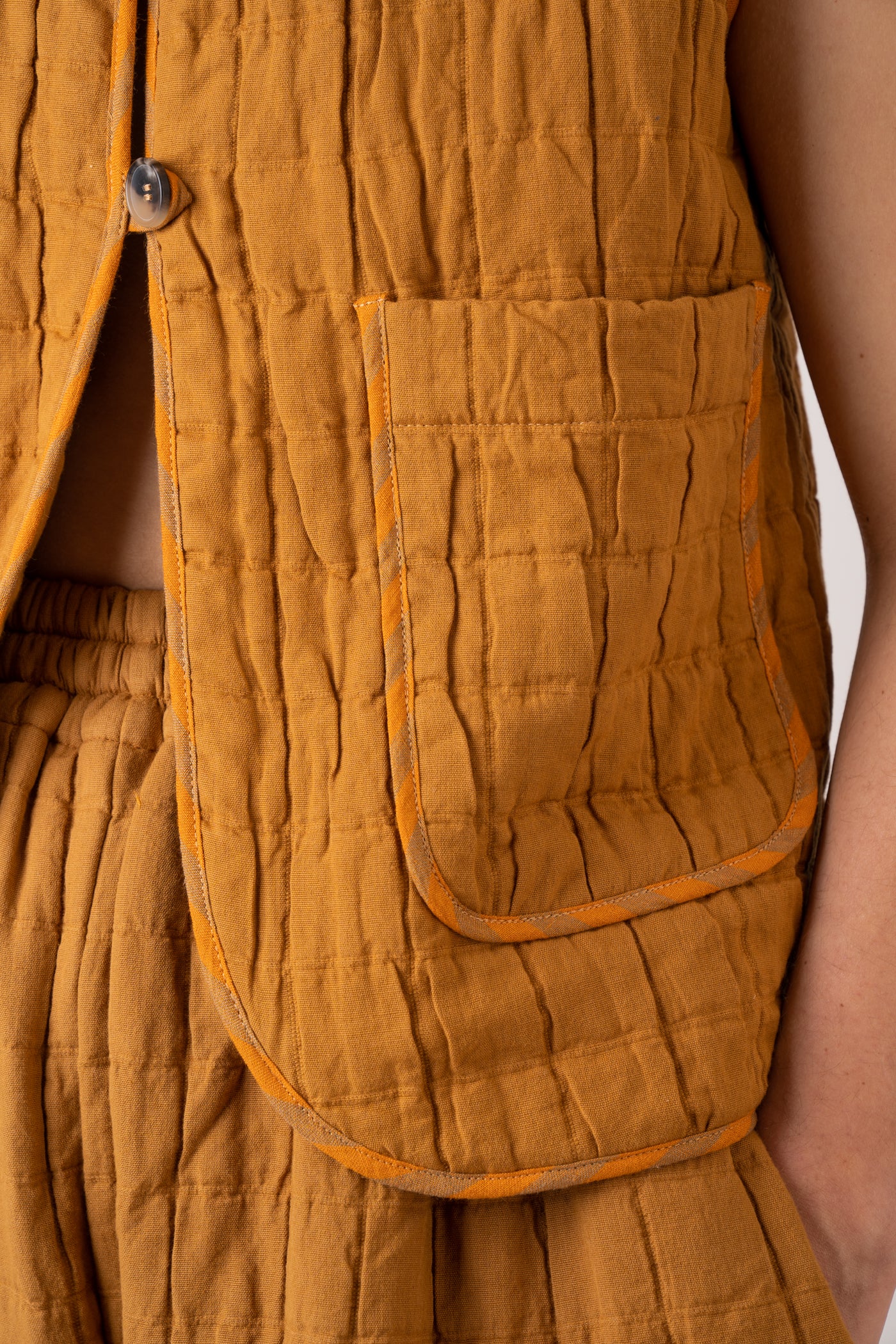 Cawley Studio Indian Jacquard Cotton and Irish Stripe Linen Ella Vest handmade in London with coroza buttons