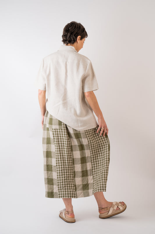 Cawley Studio 100% Irish Stripe Linen Joyce Skirt in green and flax with draw sting waist handmade in London styled with Xi Atelier Linen Cleo Shirt in Natural handmade in Glasgow