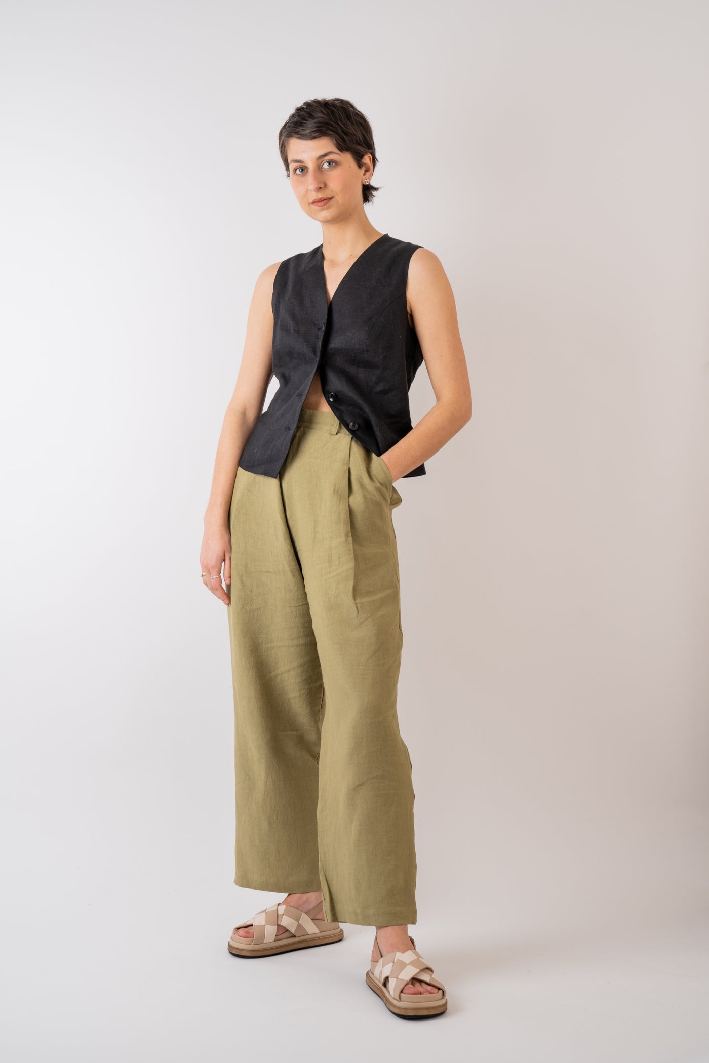 Xi Atelier Linen Avery Waistcoat in black and handmade in Glasgow styled with Cawley Studio Linen Georgia Trouser