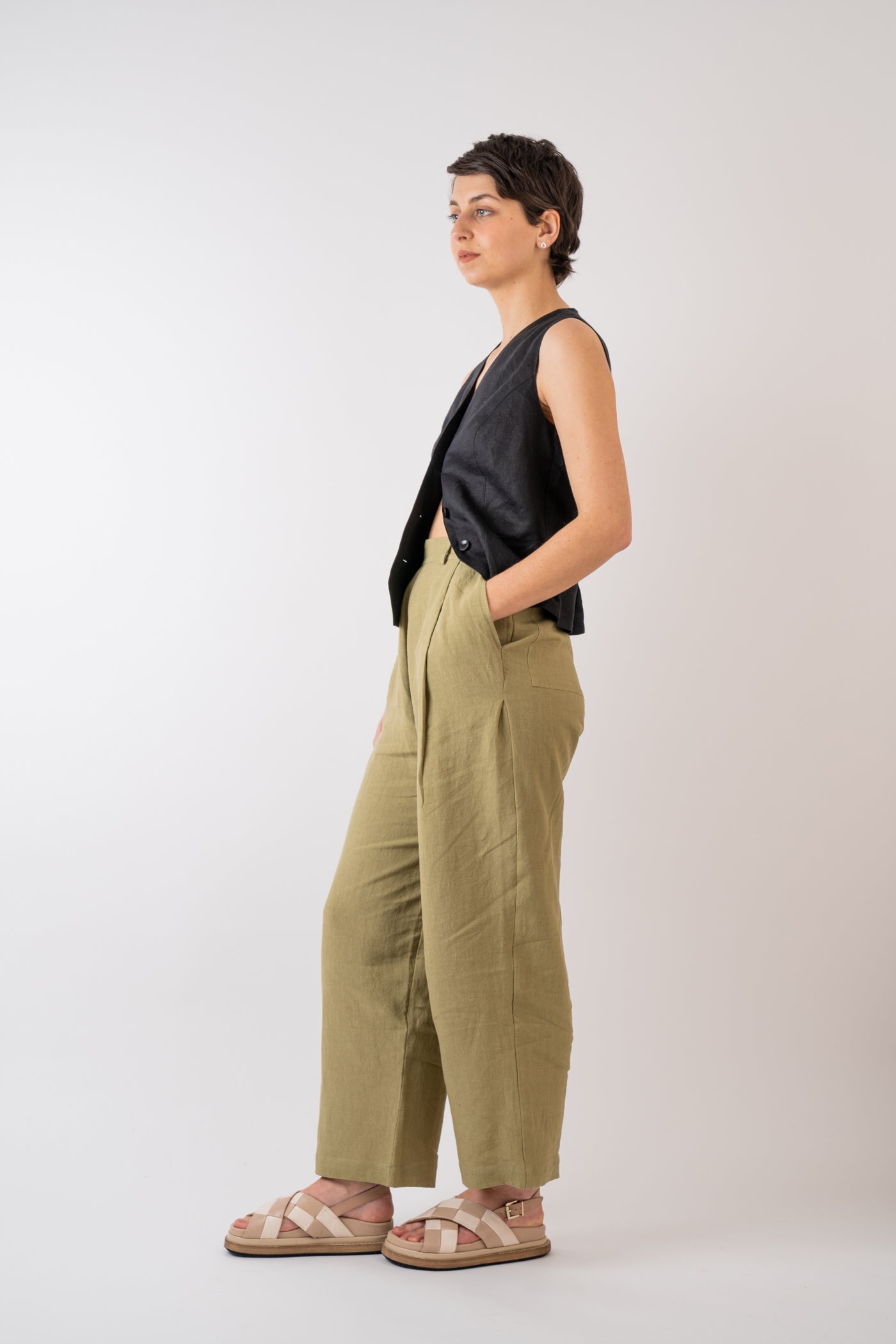 Cawley Studio 100% Linen Georgia Trouser side pocket styled with Xi Atelier Linen Avery Waistcoat in Black