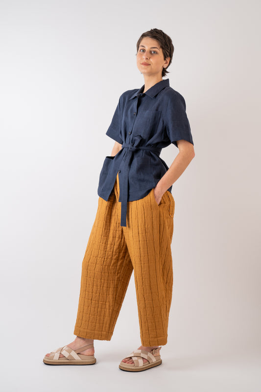 Xi Atelier Linen Cleo Shirt in navy handmade in Glasgow styled with Cawley Studio Unisex Trouser