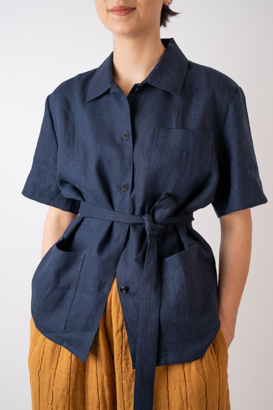 Xi Atelier Linen Cleo Shirt in navy front pocket detail
