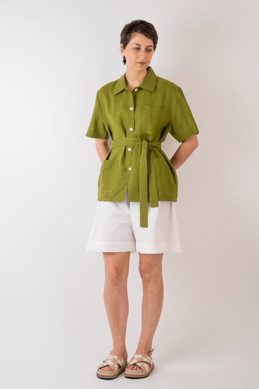 Xi Atelier Linen Cleo Shirt in green handmade in glasgow styled with Cawley Studio Cotton Hilda Short