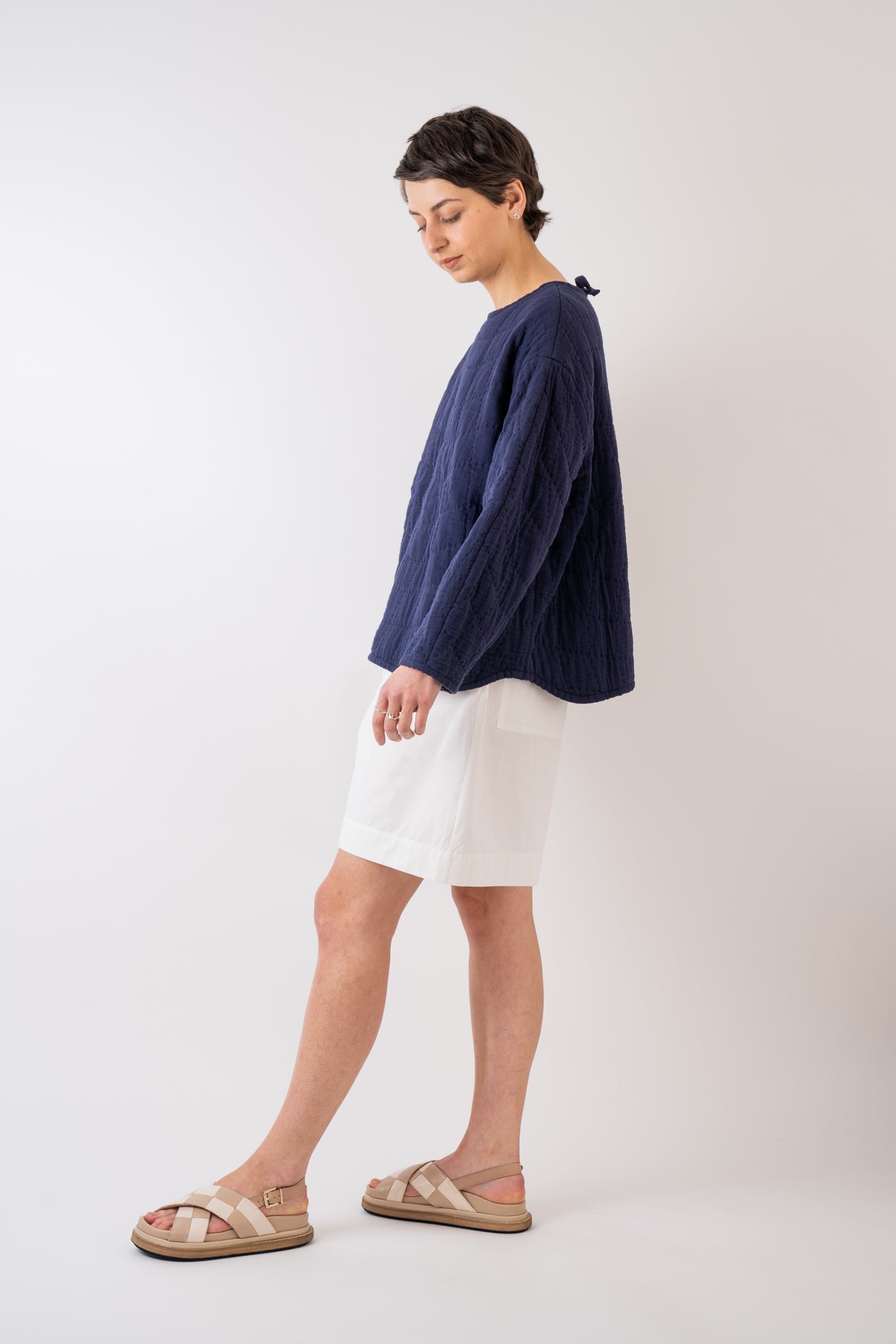 Xi Atelier Oeko-Tex Certified Cotton Bodhi Hand Quilted Top styled with Cawley Studio Cotton Linen Hilda Short