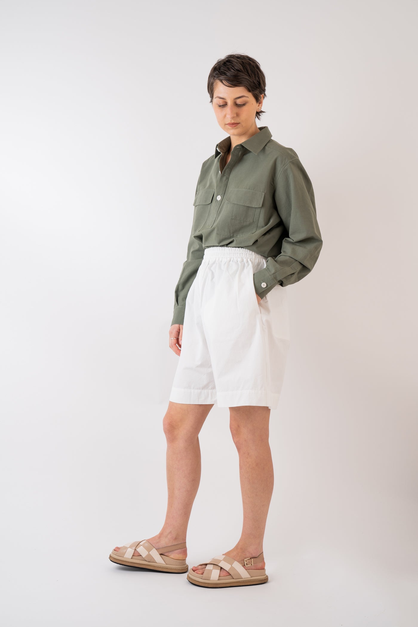 Xi Atelier Organic Cotton Frankie Unisex Shirt in green styled with Cawley Studio Cotton Hilda Short