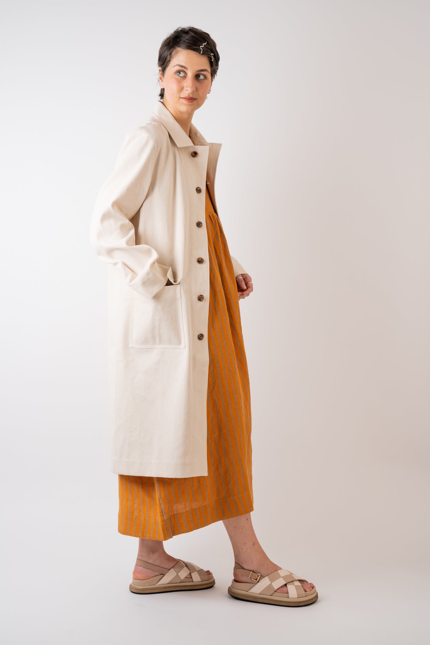 Xi Atelier Organic Cotton Drill Yves Coat in Ecru handmade in Glasglow with patch pockets