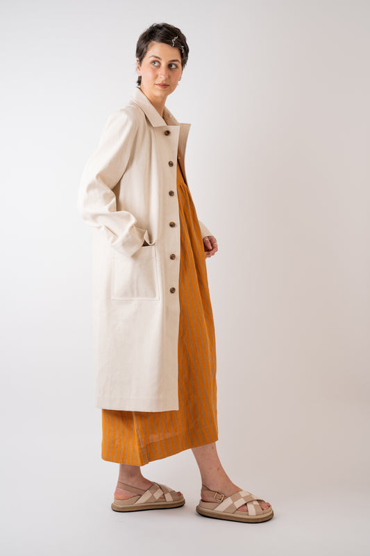 Xi Atelier Organic Cotton Drill Yves Coat in Ecru handmade in Glasglow with patch pockets