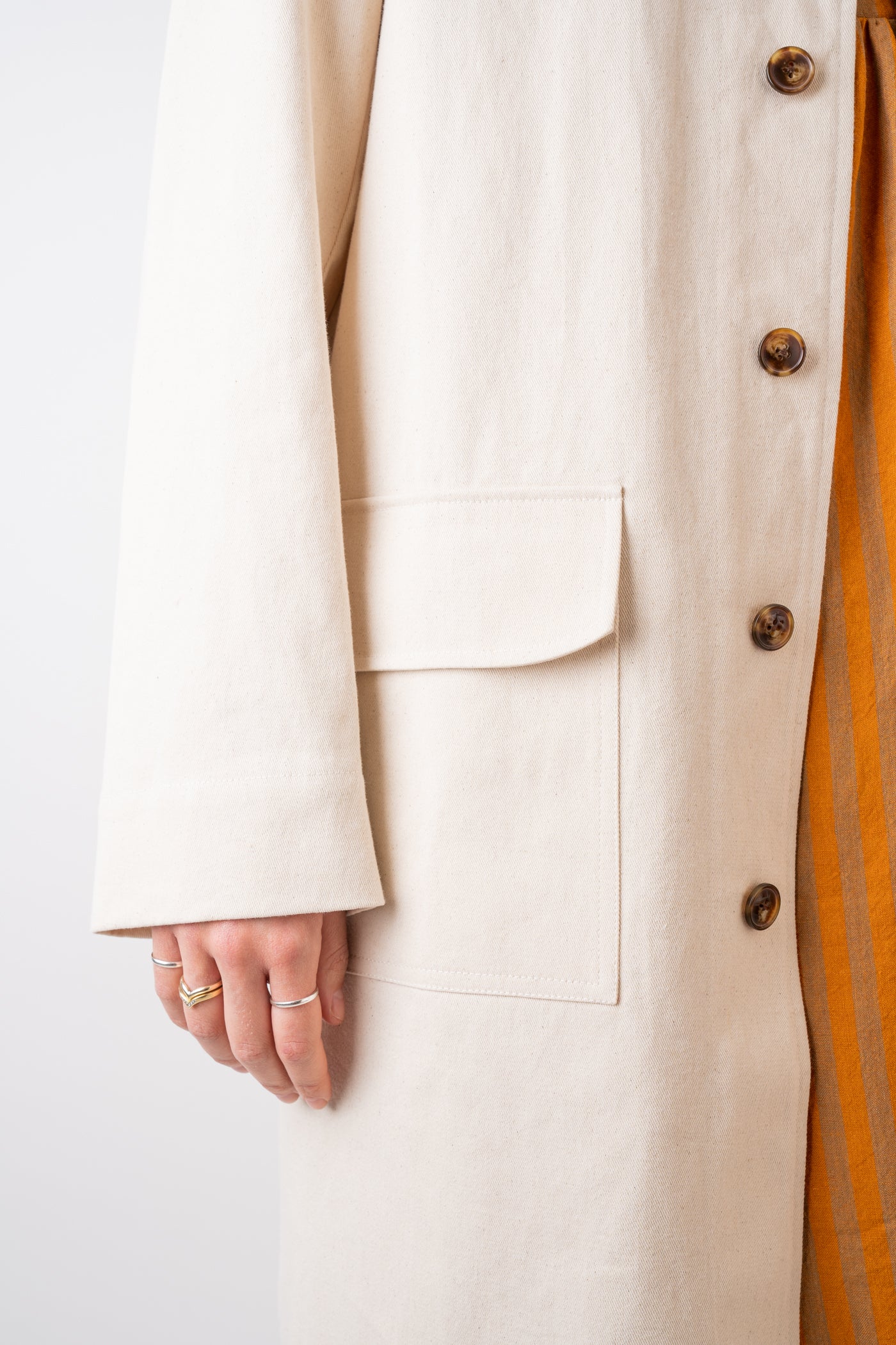 Xi Atelier Organic Cotton Drill Yves Coat in Ecru handmade in Glasglow pocket detail