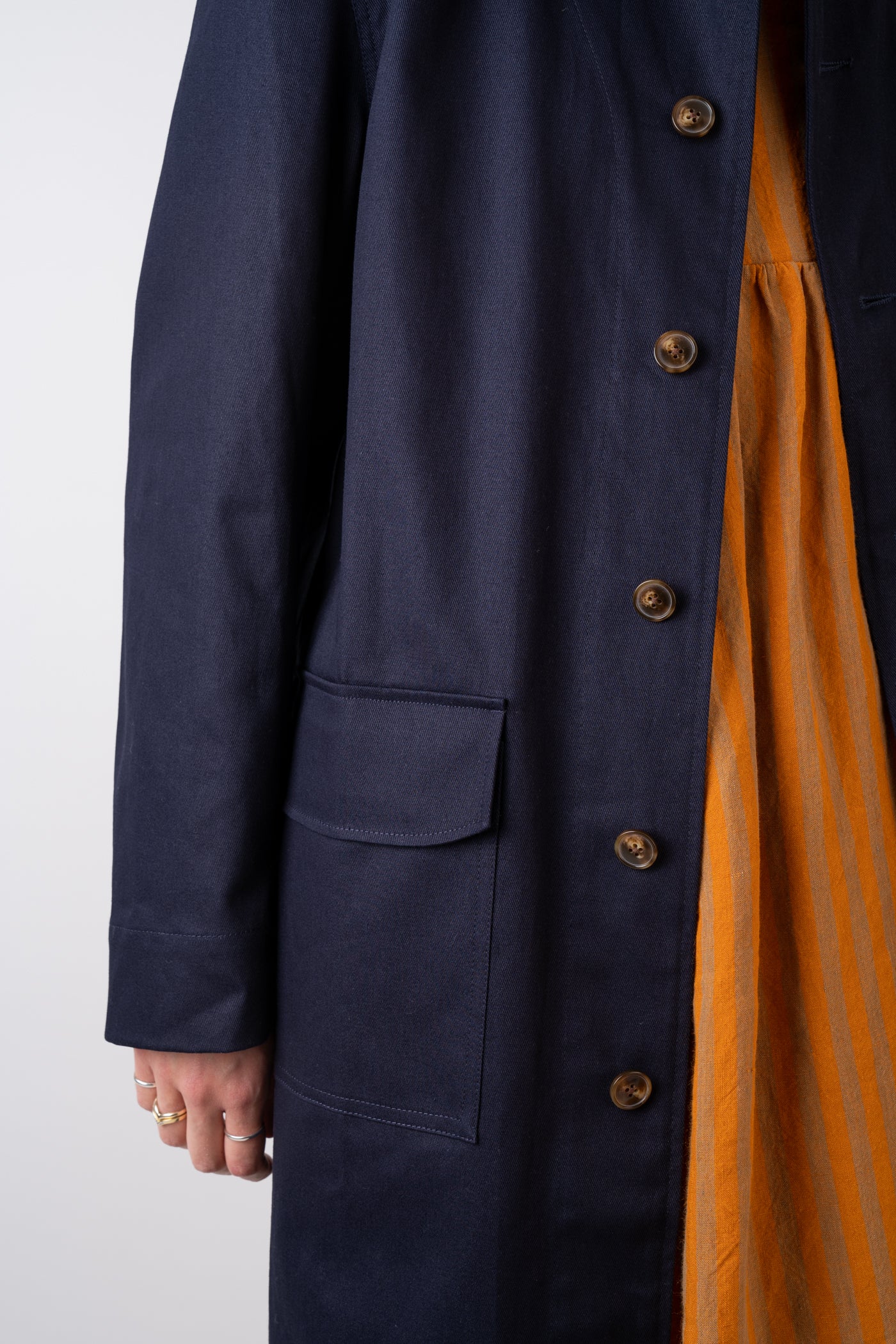 Xi Atelier Organic Cotton Drill Yves Coat in Navy with corozo buttons handmade in Glasglow 