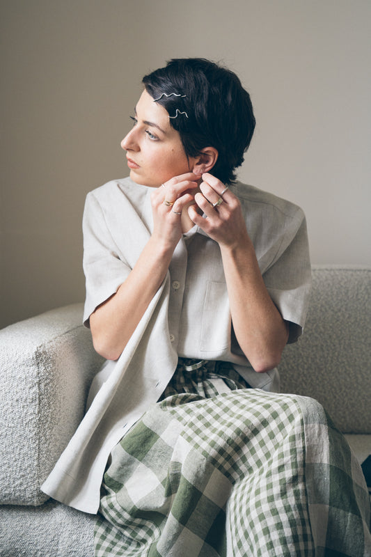 Folde Jewellery Recycled Silver ETIENNE TRIO Hairslide styled with Cawley Studio Linen Gingham Joyce Skirt and Xi Atelier Linen Cleo Shirt in Natural