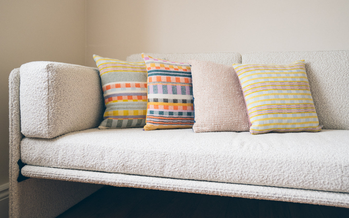 Shiv Textiles Cushions styled with Coalesse Lagunitas Boucle Sofa