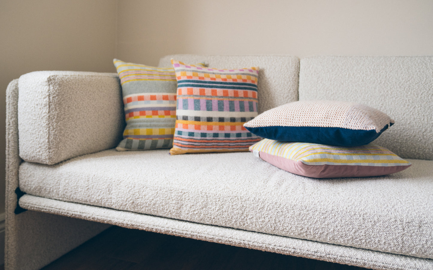 Shiv Textiles Cushions styled with Coalesse Lagunitas Boucle Sofa
