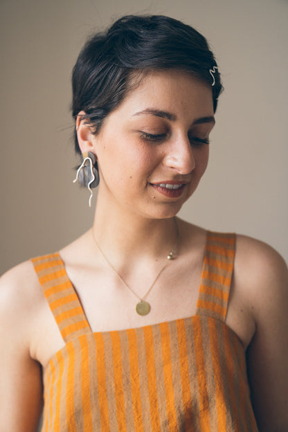 Folde Jewellery Recycled Silver ARVO Earrings styled with Cawley Studio Linen Stripe Elba Dress